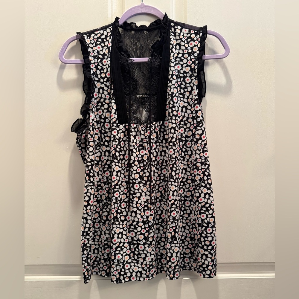 Express Black and Pink Floral Sleeveless Blouse